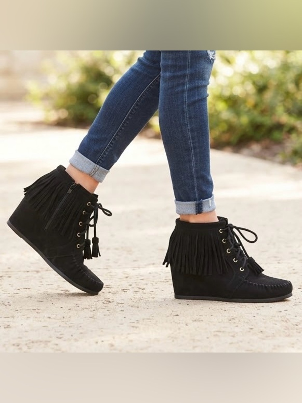 Maurices Black Suede Fringe Wedge Booties Size 6.5 Casual Side Zip Boots Lace Up